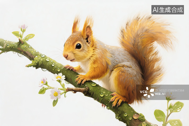 【AI数字艺术】白色背景，树枝上栖息着一只可爱的小松鼠图片素材