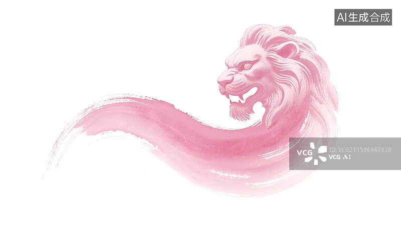 【AI数字艺术】粉色狮子头像侧面展示，鬃毛飘逸，表情威严图片素材