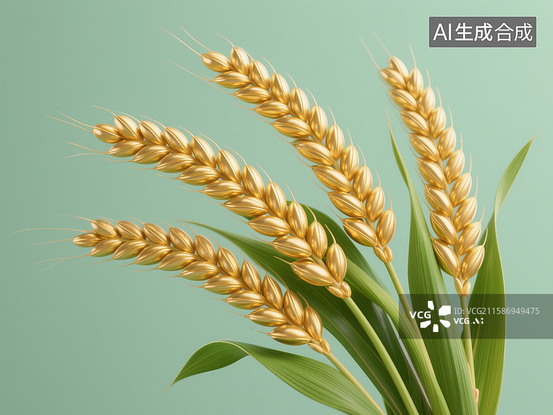 【AI数字艺术】金黄色麦穗与绿叶的静物图图片素材
