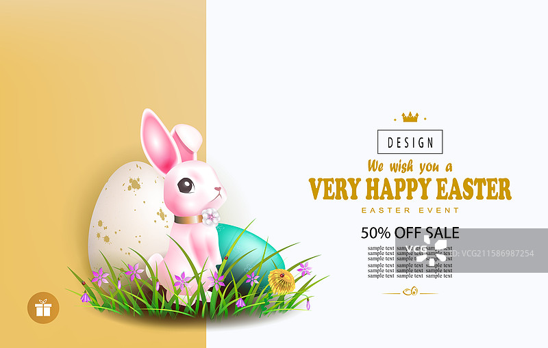 带有复活节彩蛋和可爱粉色兔子设计图片素材