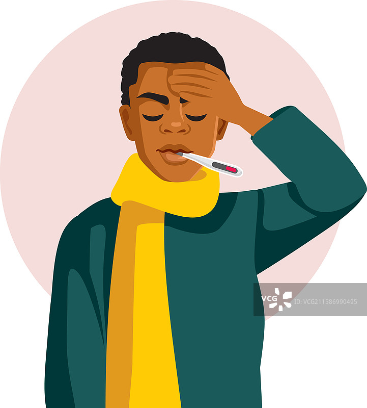 感到发烧的伤心男人正在忍受感冒。图片素材