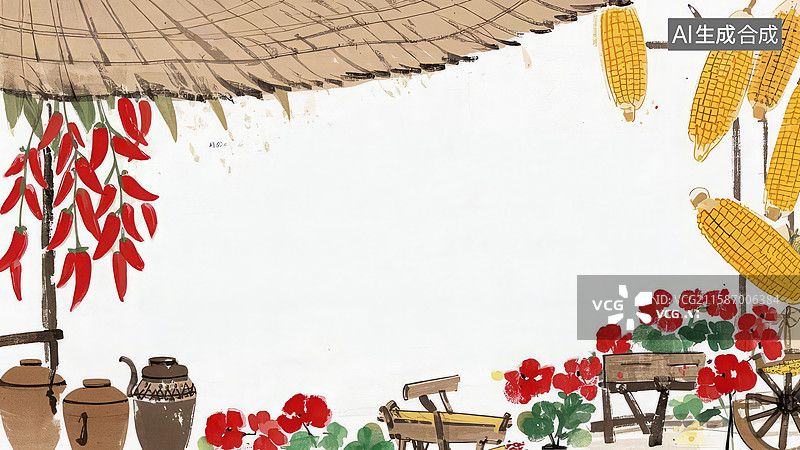【AI数字艺术】水墨画最大-水墨画背景壁纸-乡村丰收场景，辣椒玉米与花卉图片素材