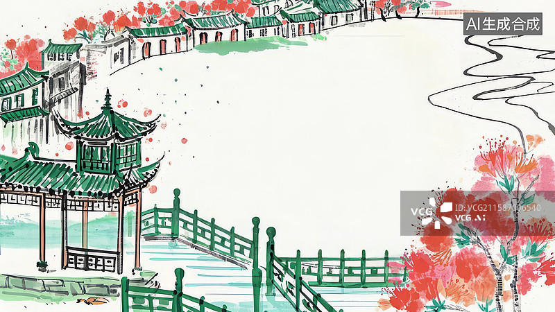 【AI数字艺术】水墨画最大-水墨画背景壁纸-古典园林与红花绿桥图片素材