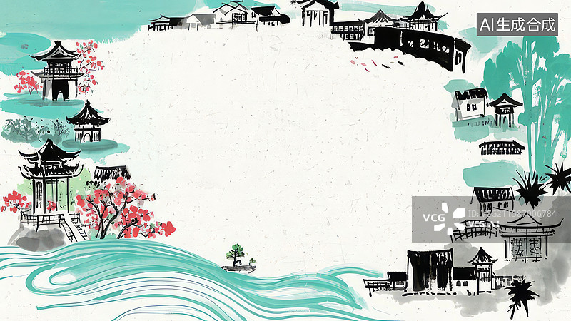 【AI数字艺术】水墨画最大-水墨画背景壁纸-水墨风格的古典建筑与山水景观图片素材