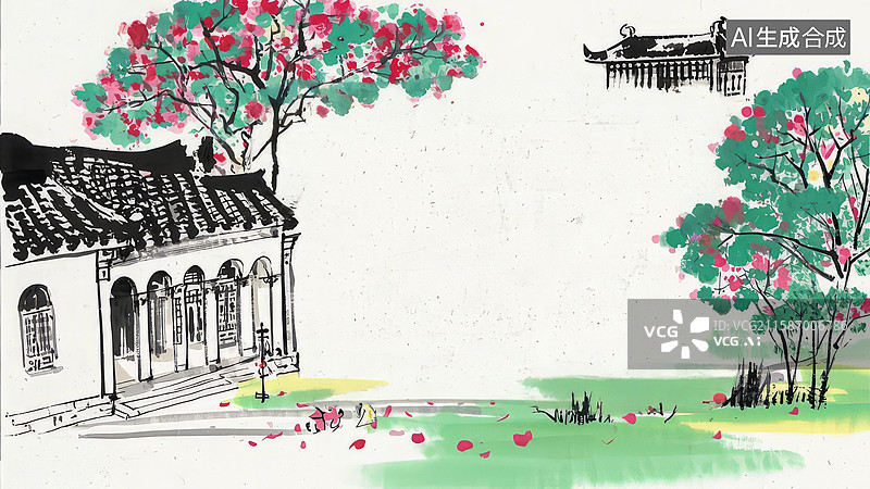 【AI数字艺术】水墨画最大-水墨画背景壁纸-江南水乡春景图图片素材