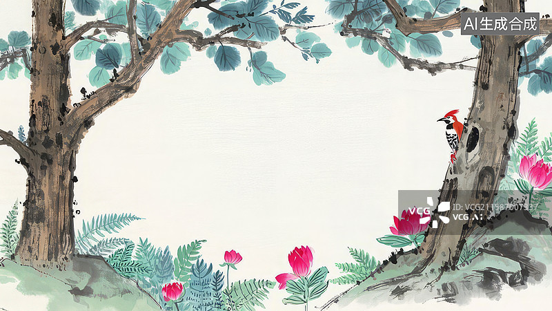 【AI数字艺术】水墨画最大-水墨画背景壁纸-树间啄木鸟与花丛图片素材