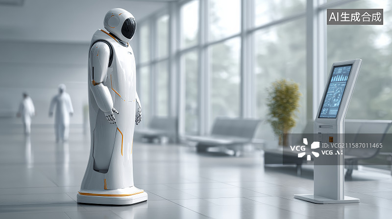 【AI数字艺术】智能机器人在医院大厅自助问询台前操作图片素材