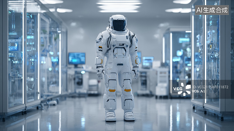 【AI数字艺术】实验室内的全套白色智能机器人装备图片素材