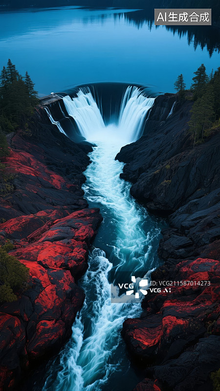 【AI数字艺术】瀑布奔流，红岩映衬湖光山色图片素材