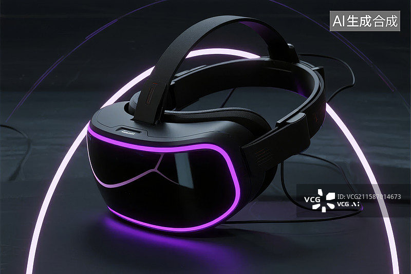 【AI数字艺术】虚拟现实头盔在霓虹灯下的展示图片素材
