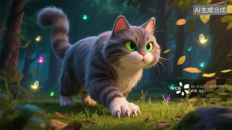 【AI数字艺术】森林中的灰色猫咪图片素材