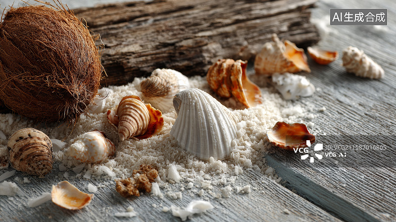 【AI数字艺术】木桌上的贝壳与海星装饰图片素材