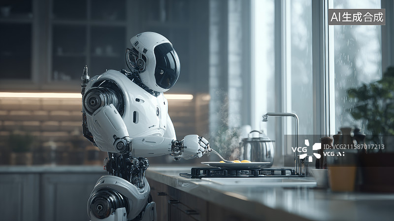 【AI数字艺术】机器人在厨房准备早餐的智能烹饪画面图片素材