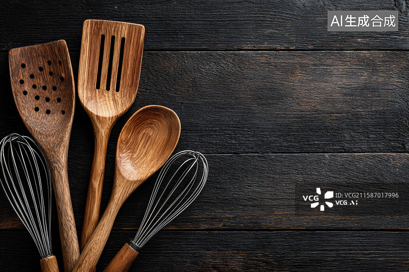 【AI数字艺术】深色木底上的木质厨具图片素材