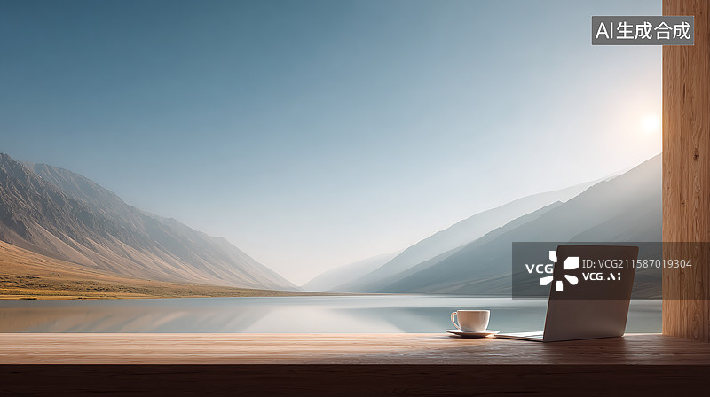 【AI数字艺术】木屋窗台的笔记本电脑与窗外自然风景图片素材
