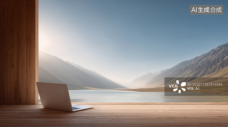 【AI数字艺术】木屋窗台的笔记本电脑与窗外自然风景图片素材