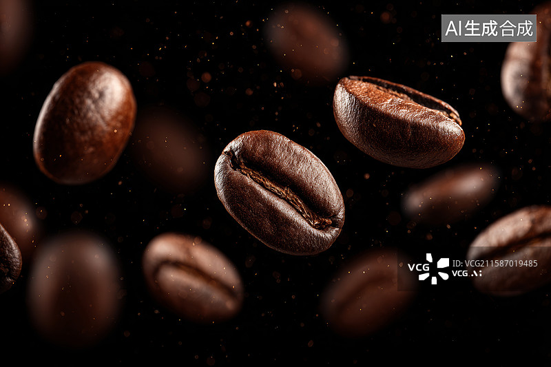 【AI数字艺术】空中悬浮的咖啡豆特写图片素材