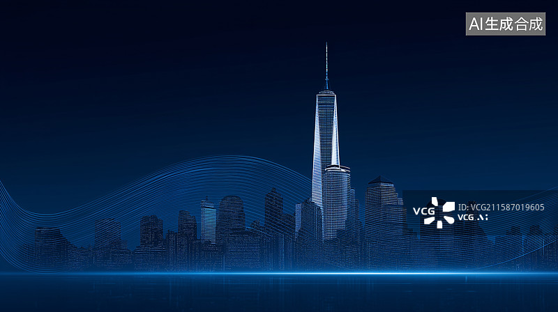 【AI数字艺术】深色背景下科技线条城市天际线图片素材