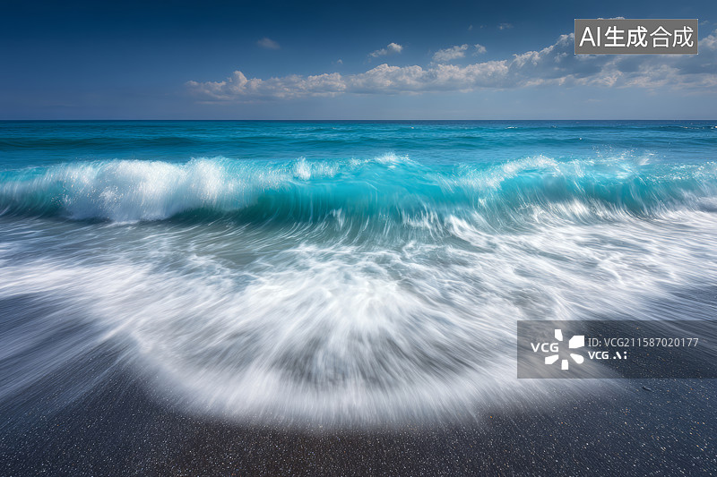 【AI数字艺术】蓝色海浪拍打的沙滩美景图片素材