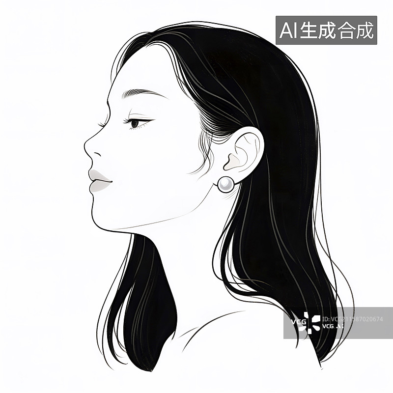 【AI数字艺术】线条勾勒的美少女侧面肖像插画图片素材