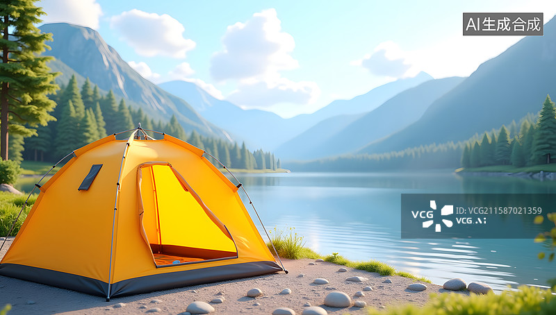 【AI数字艺术】湖边山脉下的宁静户外露营场景图片素材