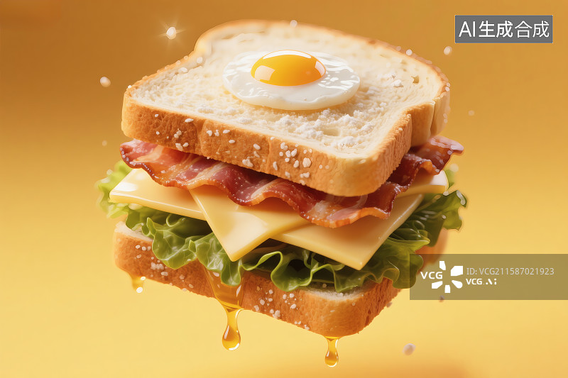 【AI数字艺术】黄色背景，层次分明，美味的三明治图片素材