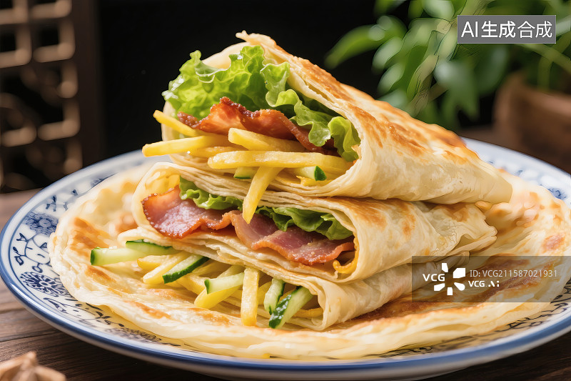 【AI数字艺术】一份香酥可口的手抓饼，配菜培根与土豆丝图片素材