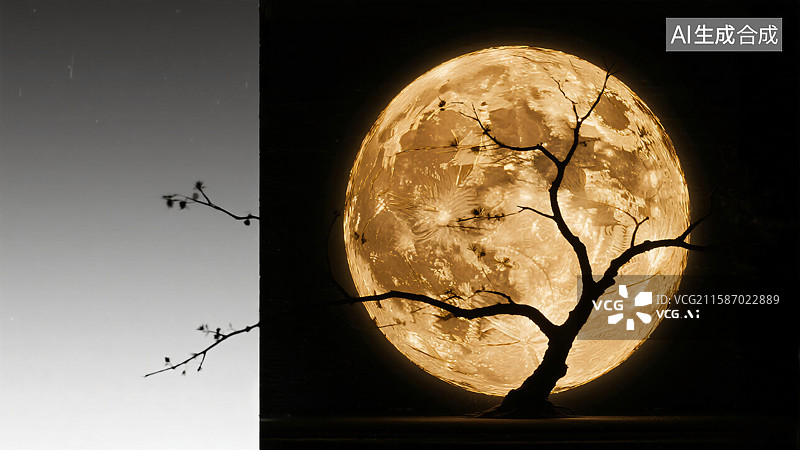 【AI数字艺术】月夜树枝剪影，黑白与暖黄对比，意境艺术风梦幻自然景观背景图图片素材