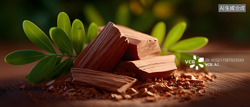 【AI数字艺术】阳光下檀香木与绿叶静物图片素材