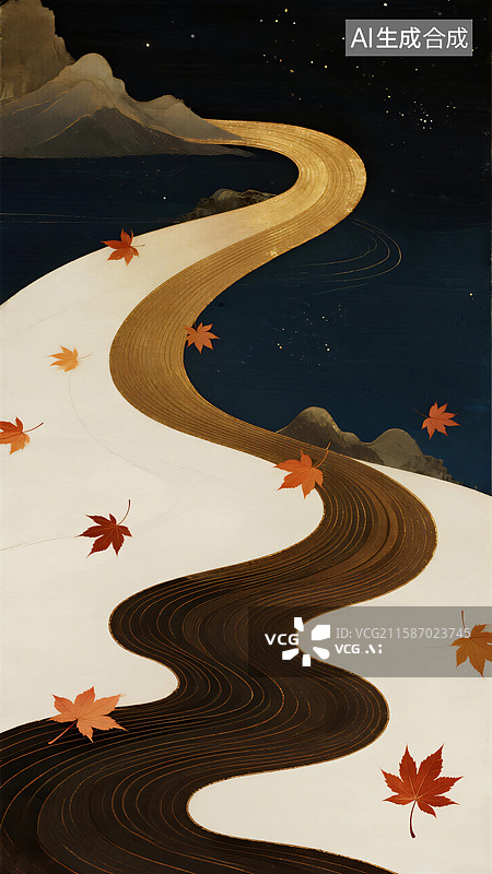 【AI数字艺术】刺绣枫叶与流淌山水新中式国潮风秋季背景图图片素材