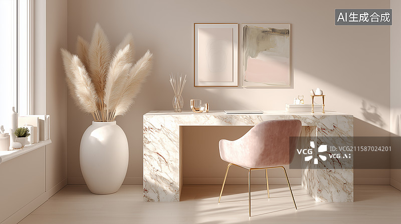 【AI数字艺术】大理石桌桃色调工作空间图片素材