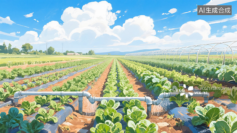 【AI数字艺术】菜地灌溉插画图片素材