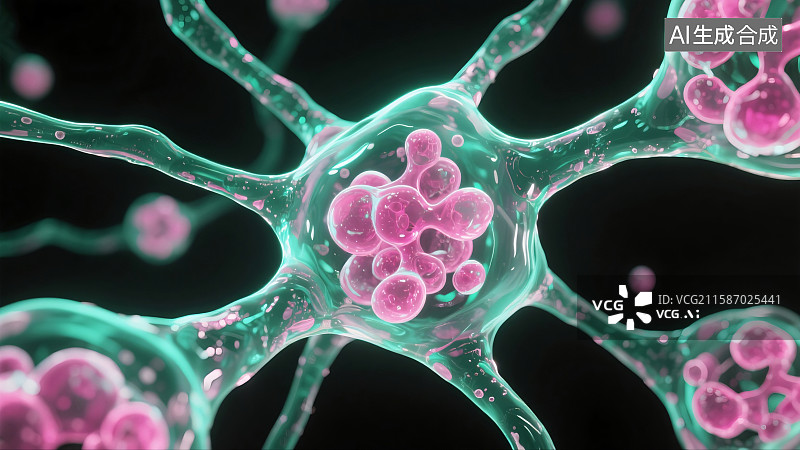 【AI数字艺术】微观视角下神经元细胞，科技感生物医学插画背景图图片素材