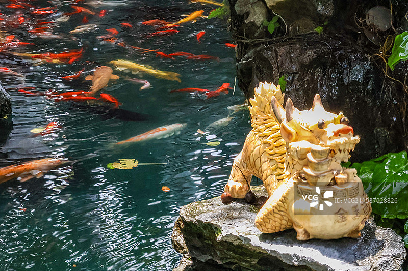 佛山祖庙博物馆锦鲤池假山上的金色麒麟图片素材