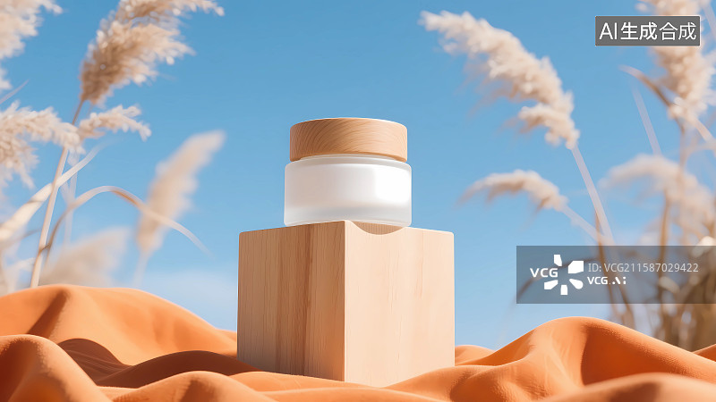 【AI数字艺术】户外木质底座上的面霜护肤品罐子图片素材