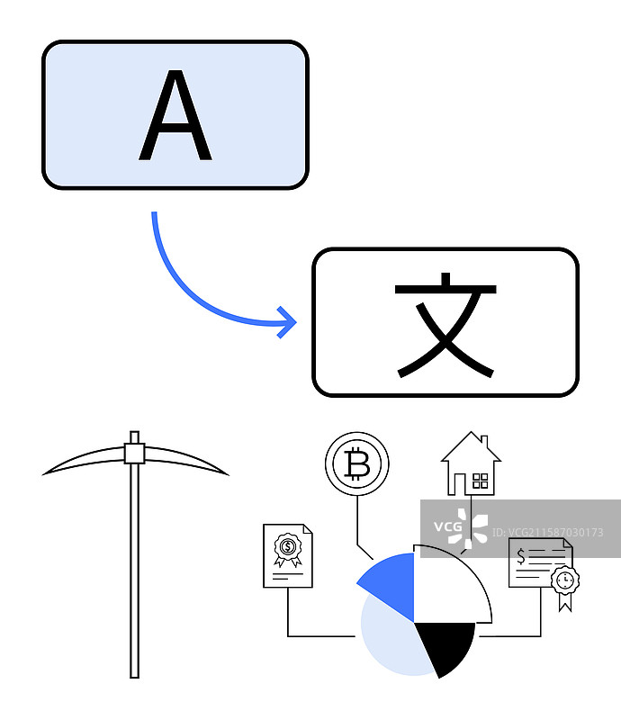 带蓝色箭头的语言翻译过程图片素材