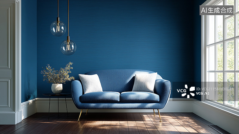 【AI数字艺术】钴蓝墙面现代休息区图片素材