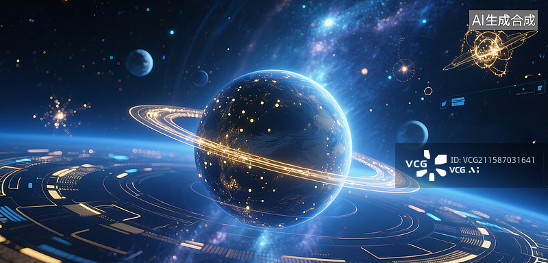 【AI数字艺术】太空银河系太阳系发光粒子万有引力科学科技显示屏数据星球背景图片素材
