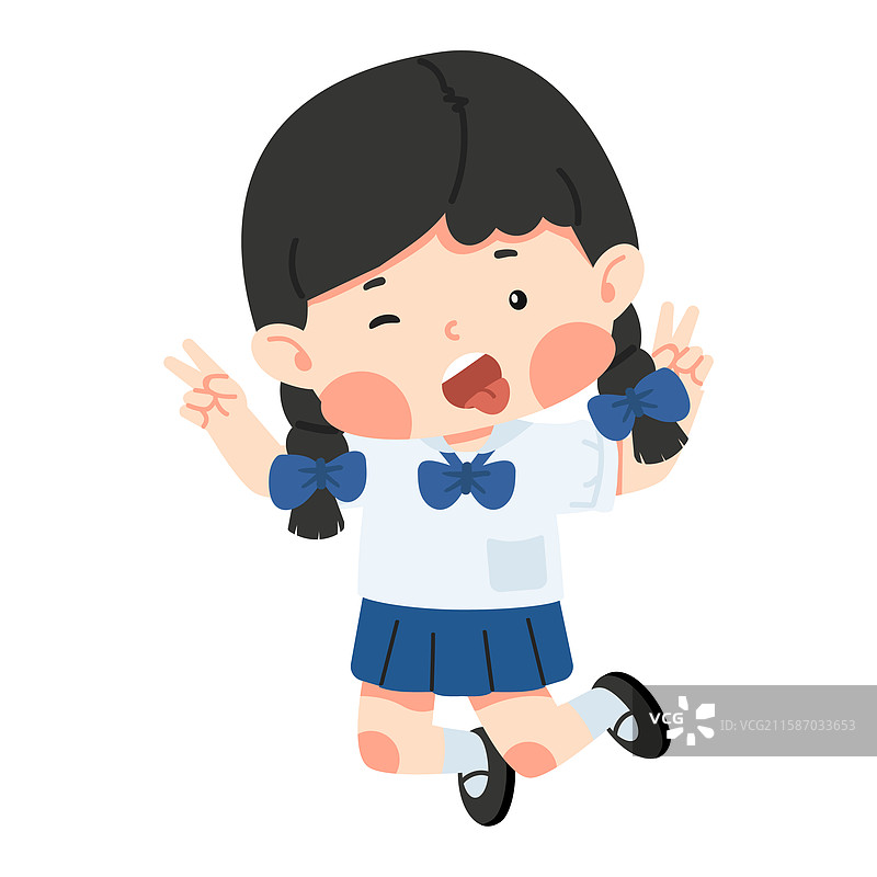 女孩在跳跃并做出搞笑的表情图片素材