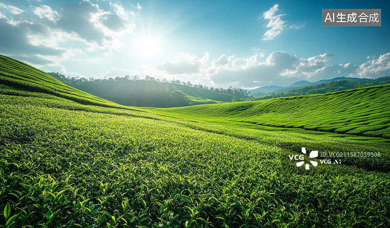 【AI数字艺术】清晨阳光照耀下的绿色茶园图片素材