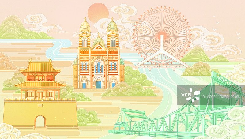 天津旅游插画图片素材