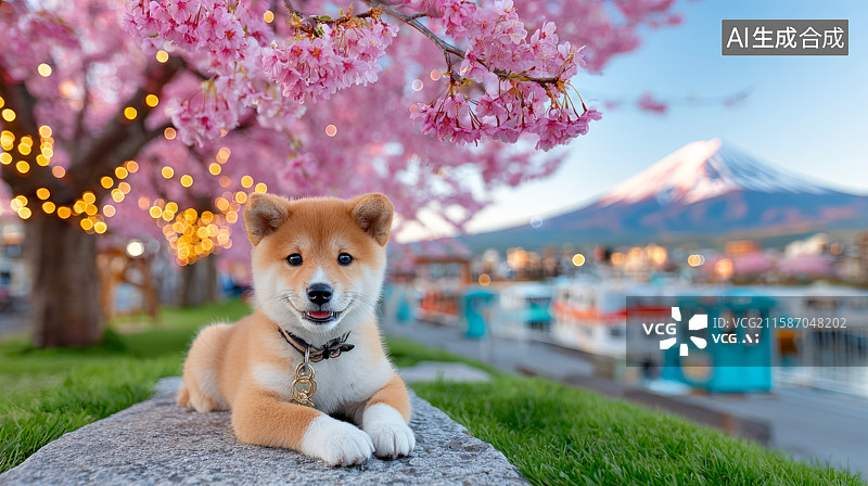 【AI数字艺术】富士山下樱花旁的可爱柴犬图片素材