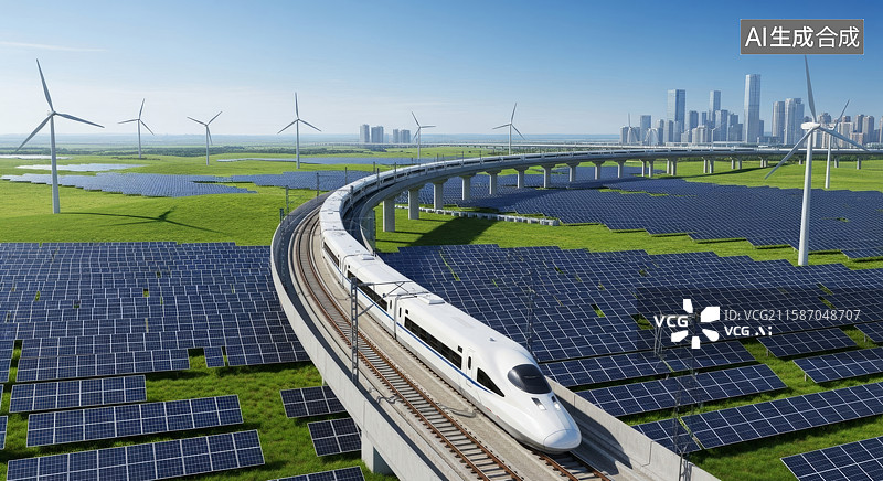 【AI数字艺术】高速列车穿行于太阳能板与风车间图片素材
