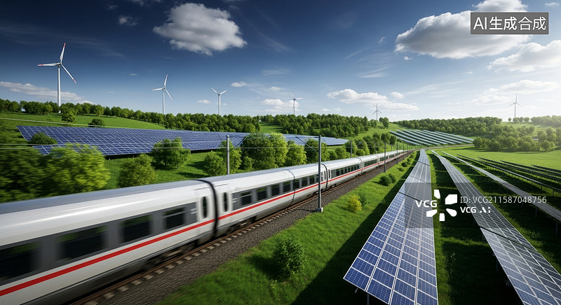 【AI数字艺术】高速列车穿行于风光能源区图片素材