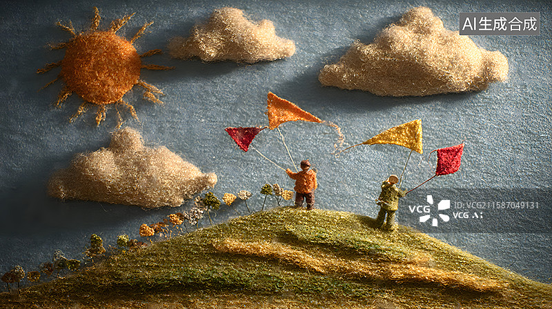 【AI数字艺术】儿童户外草地上放风筝的场景图片素材