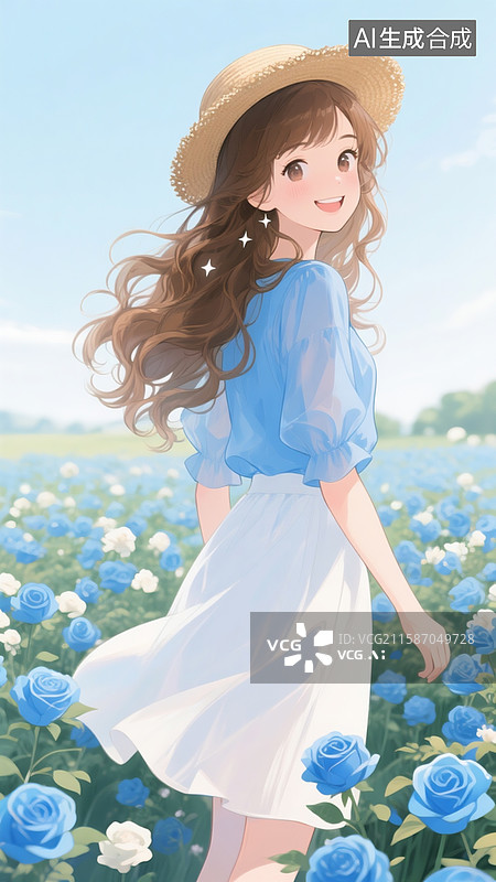 【AI数字艺术】蓝色玫瑰花海，一位长发大波浪精致女孩，治愈系插画风格，戴着草帽在花海中漫步图片素材