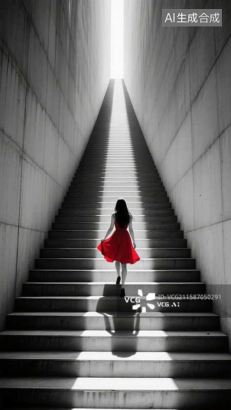 【AI数字艺术】高耸入云的长台阶呈黑白色，长发红裙女人身影提着裙子在台阶上向上走，一道光线射下来图片素材