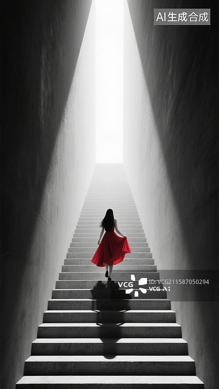 【AI数字艺术】高耸入云的长台阶呈黑白色，长发红裙女人身影提着裙子在台阶上向上走，一道光线射下来图片素材