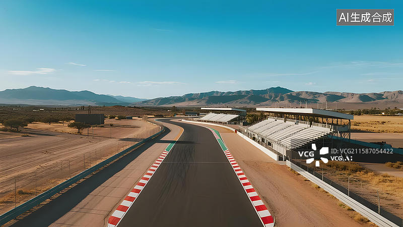 【AI数字艺术】赛道旁的空旷看台与远处山脉图片素材