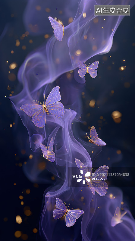 【AI数字艺术】紫色蝴蝶与烟雾交织的梦幻场景图片素材